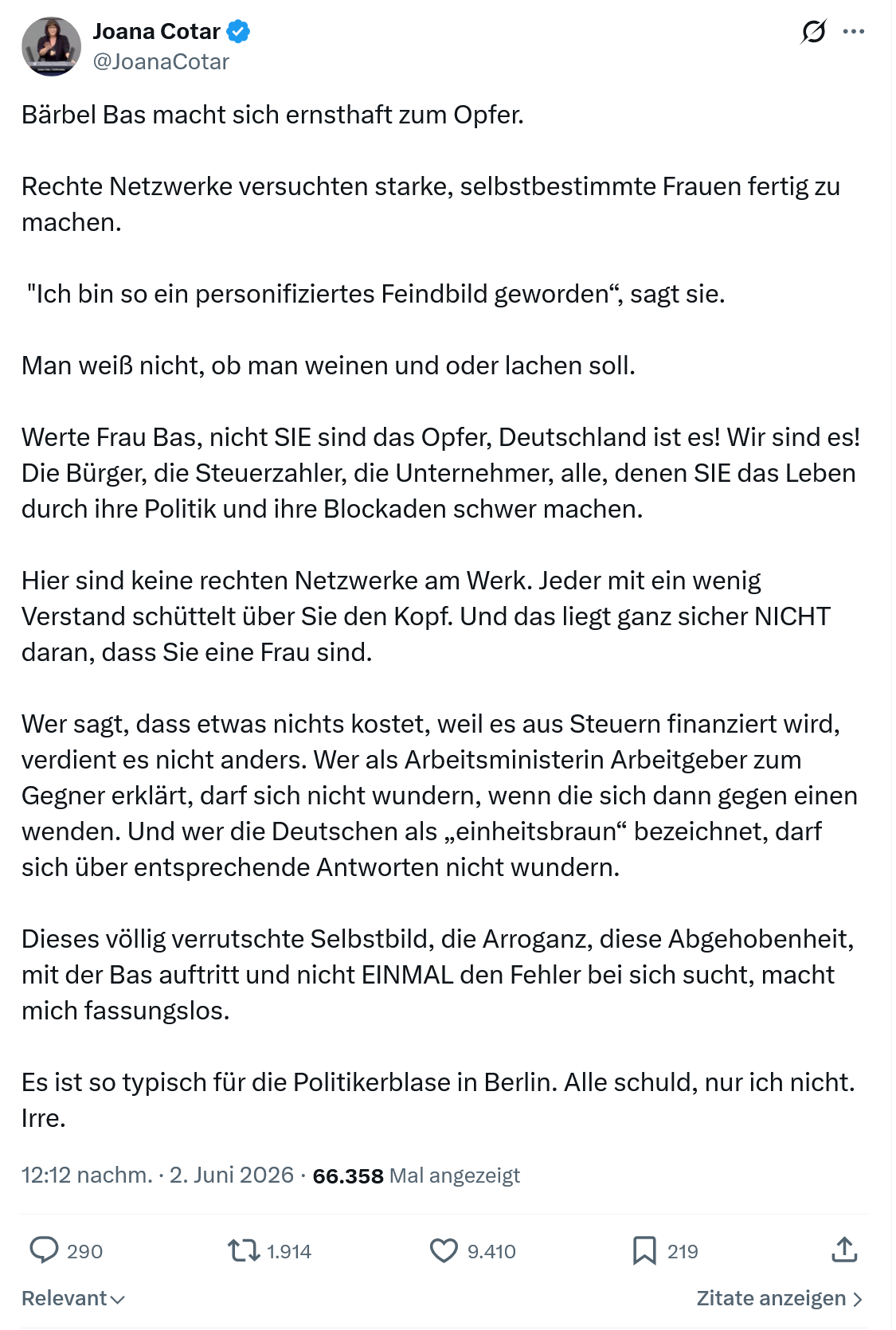 Joana Cotar: Bärbel Bas macht sich ernsthaft zum Opfer…