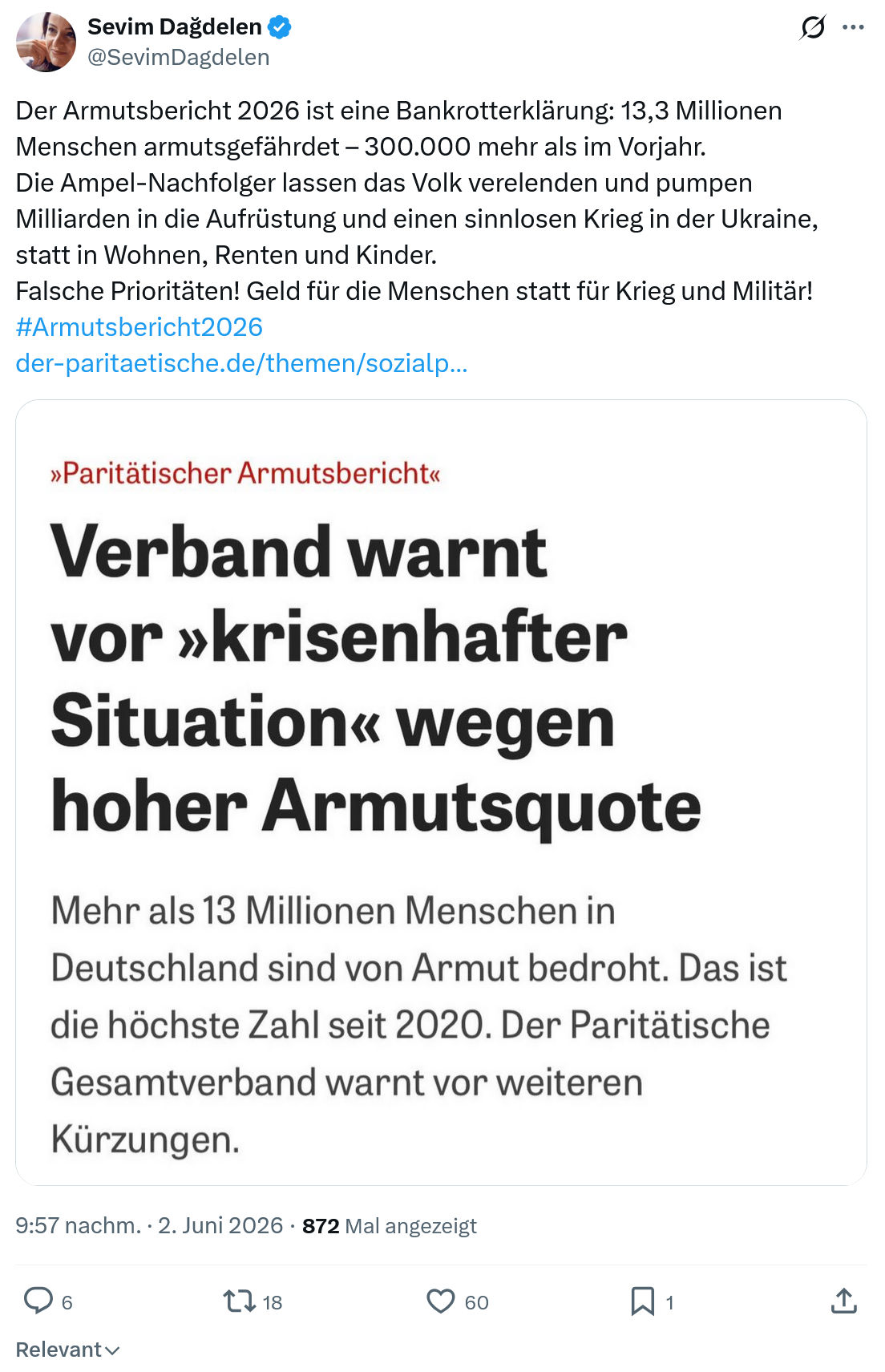 Sevim Dagdelen: Der Armutsbericht 2026 ist eine Bankrotterklärung…