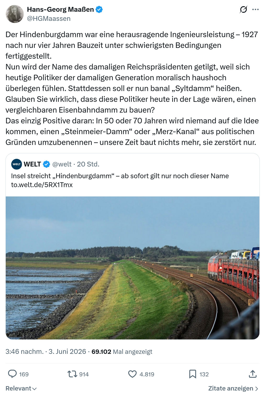 Hans-Georg Maaßen: Der Hindenburgdamm war eine herausragende…