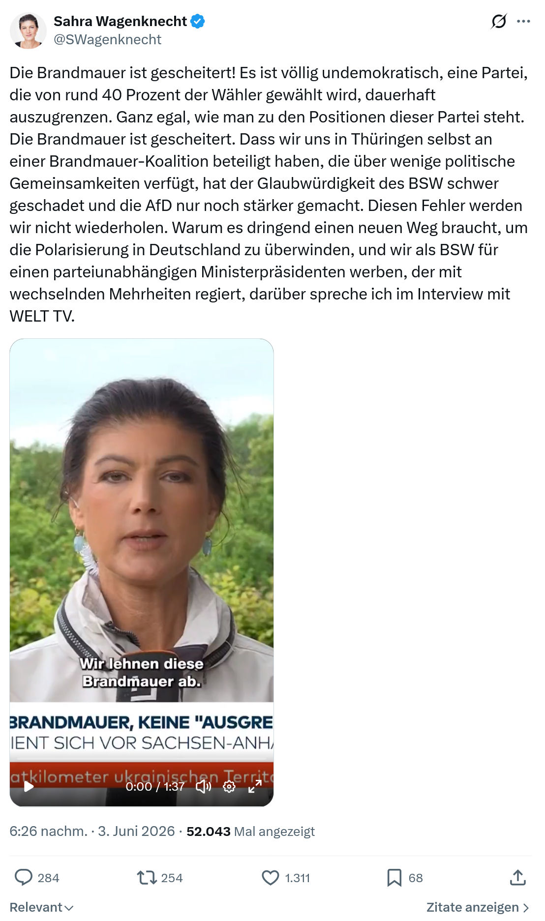 Sahra Wagenknecht: Die Brandmauer ist gescheitert!…