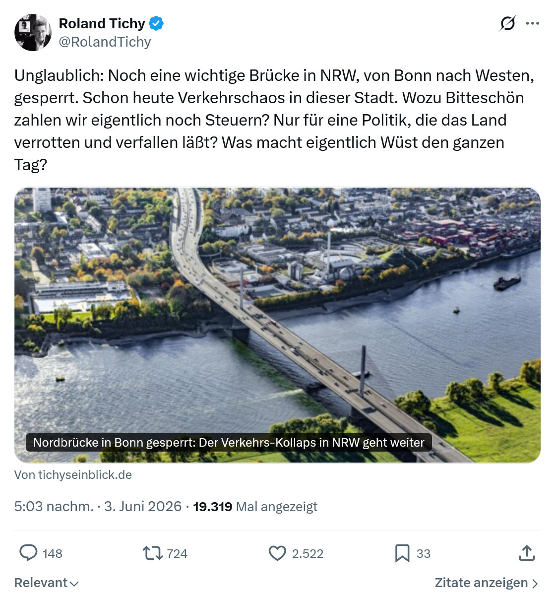Roland Tichy: Unglaublich: Noch eine wichtige Brücke…