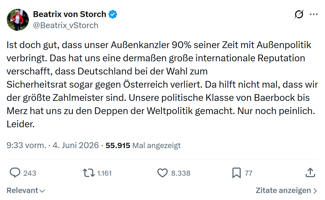 Beatrix von Storch: Ist doch gut, dass unser Außenkanzler 90%…