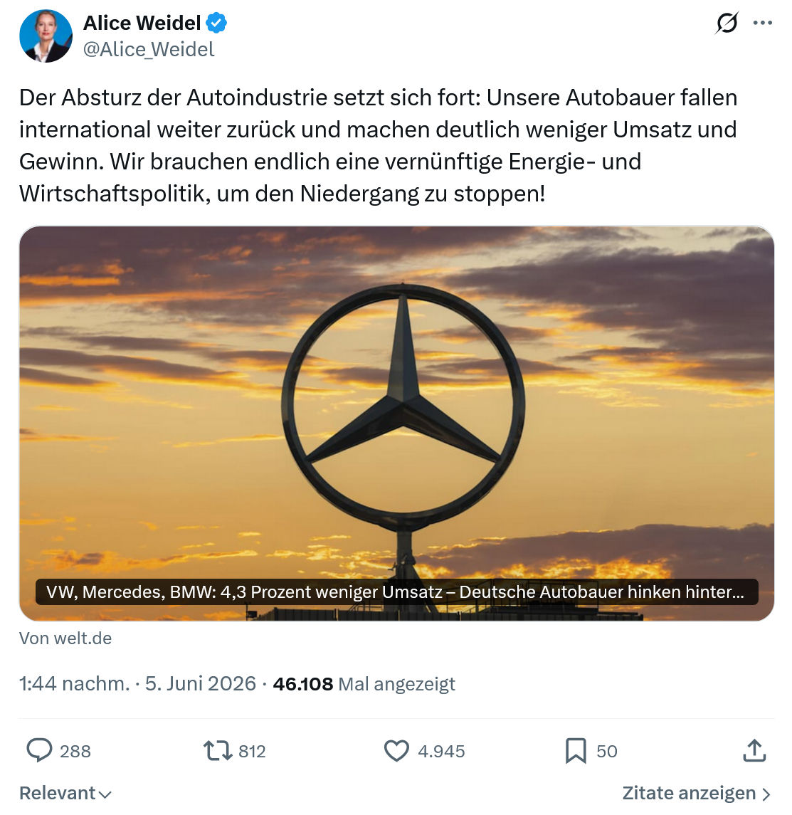Alice Weidel: Der Absturz der Autoindustrie…