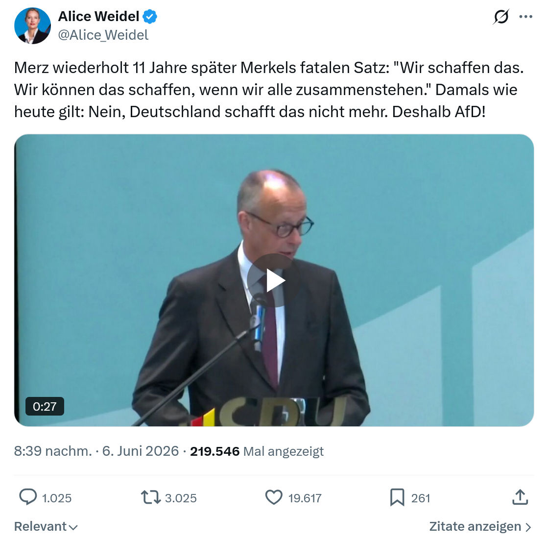 Alice Weidel: Merz wiederholt 11 Jahre später Merkels…
