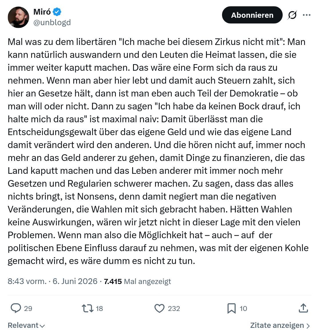 Miro Wolsfeld: Mal was zu dem libertären…