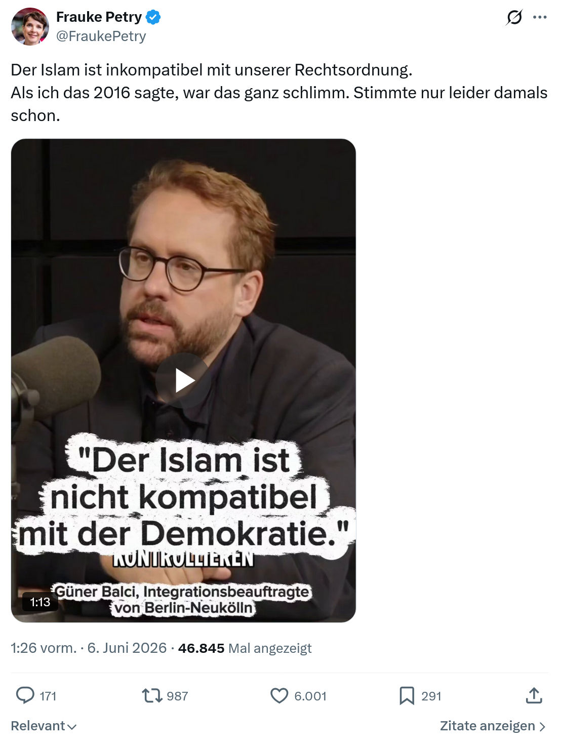 Frauke Petry: Der Islam ist inkompatibel mit unserer Rechtsordnung…
