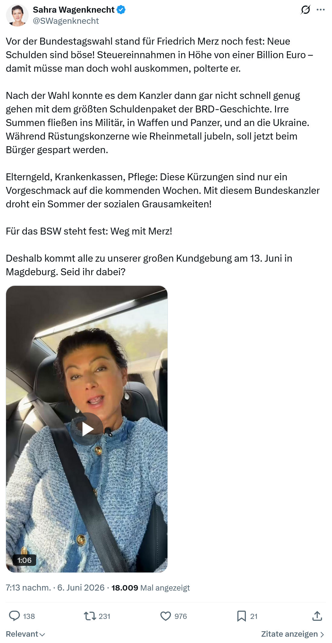 Sahra Wagenknecht: Vor der Bundestagswahl stand für Friedrich Merz…