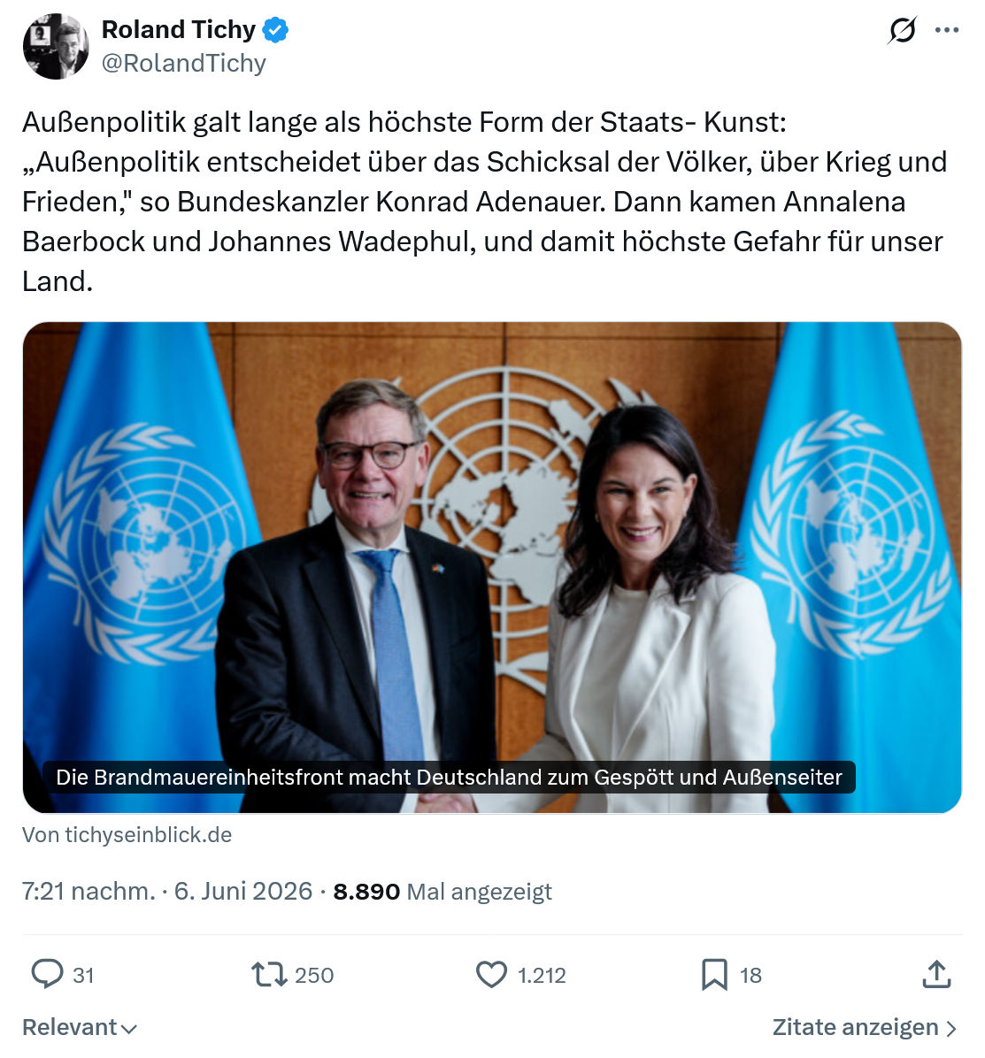 Roland Tichy: Außenpolitik galt lange als höchste…