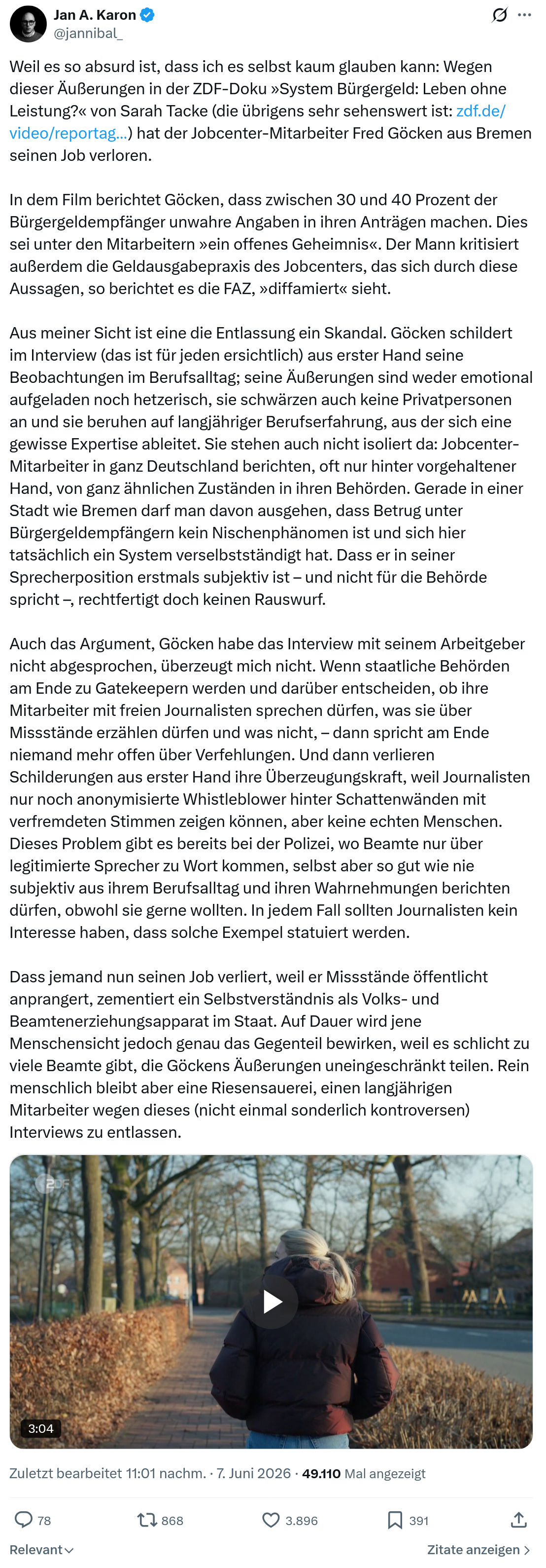 Jan A. Karon: Weil es so absurd ist…
