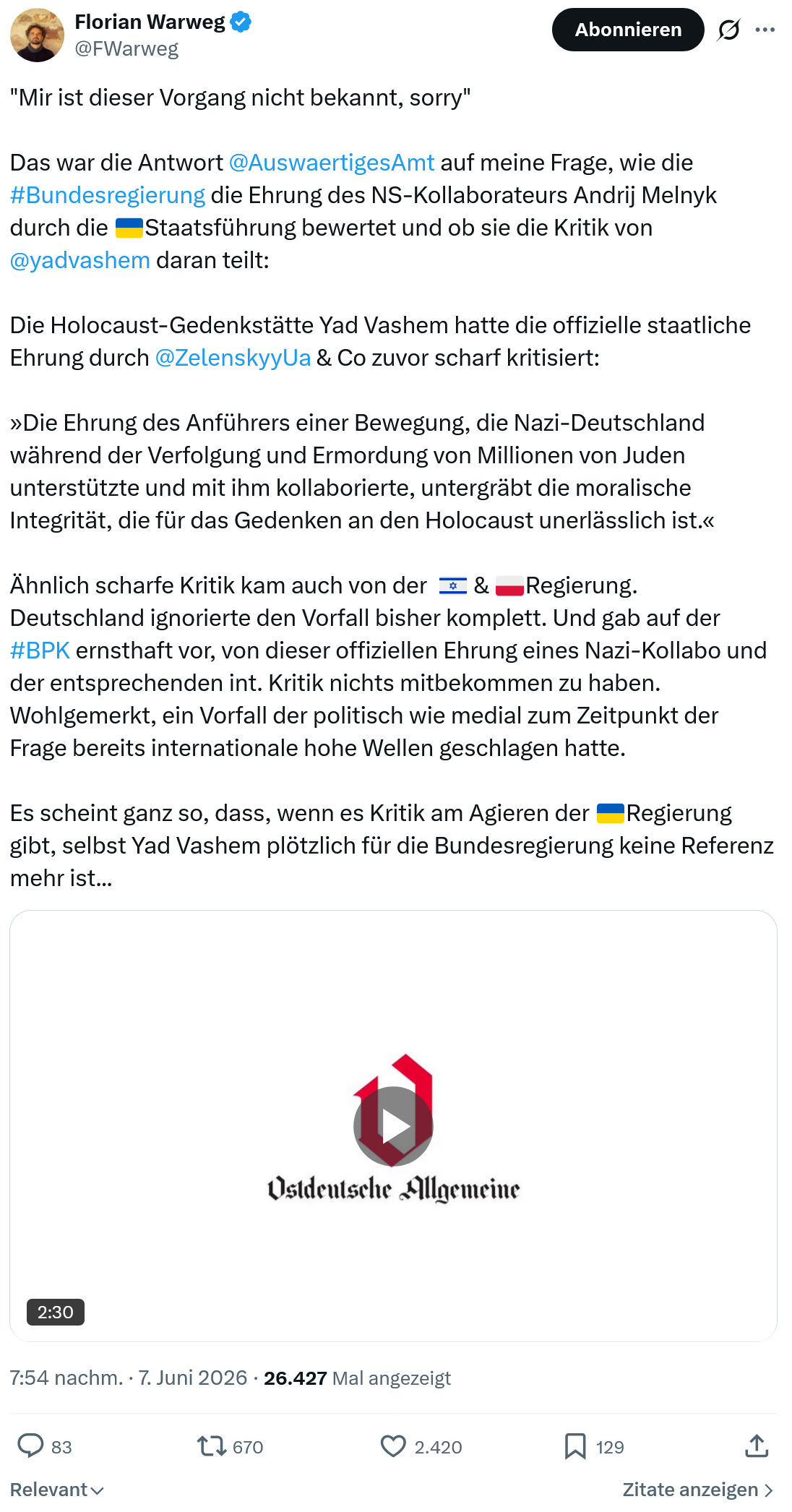 Florian Warweg: "Mir ist dieser Vorgang nicht bekannt, sorry"…