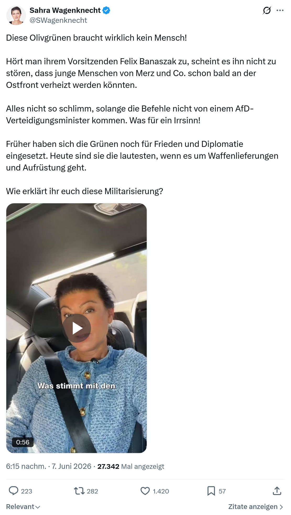 Sahra Wagenknecht: Diese Olivgrünen braucht wirklich kein Mensch!…