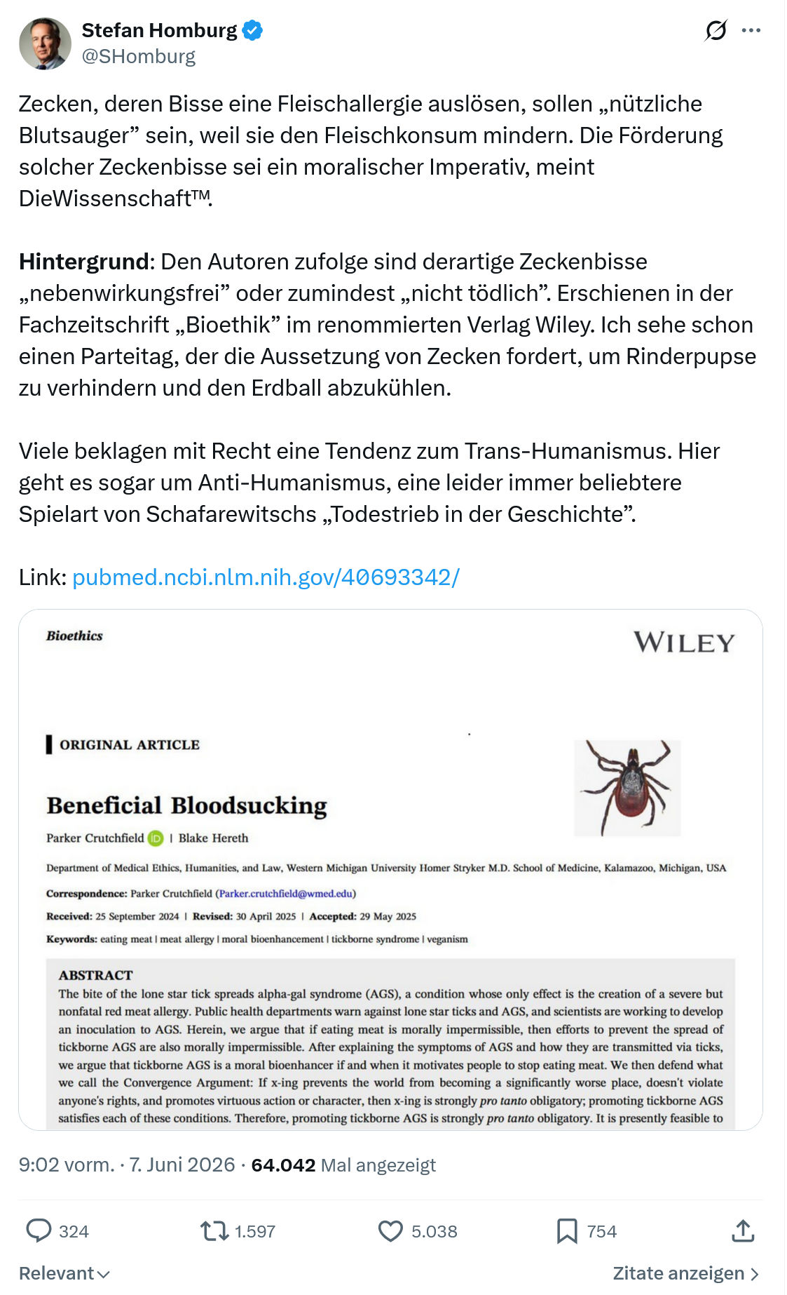 Stefan Homburg: Zecken, deren Bisse eine Fleischallergie auslösen…