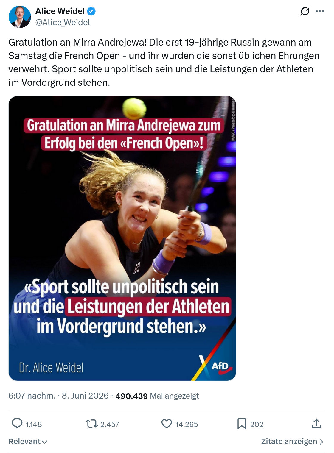 Alice Weidel: Gratulation an Mirra Andrejewa!…