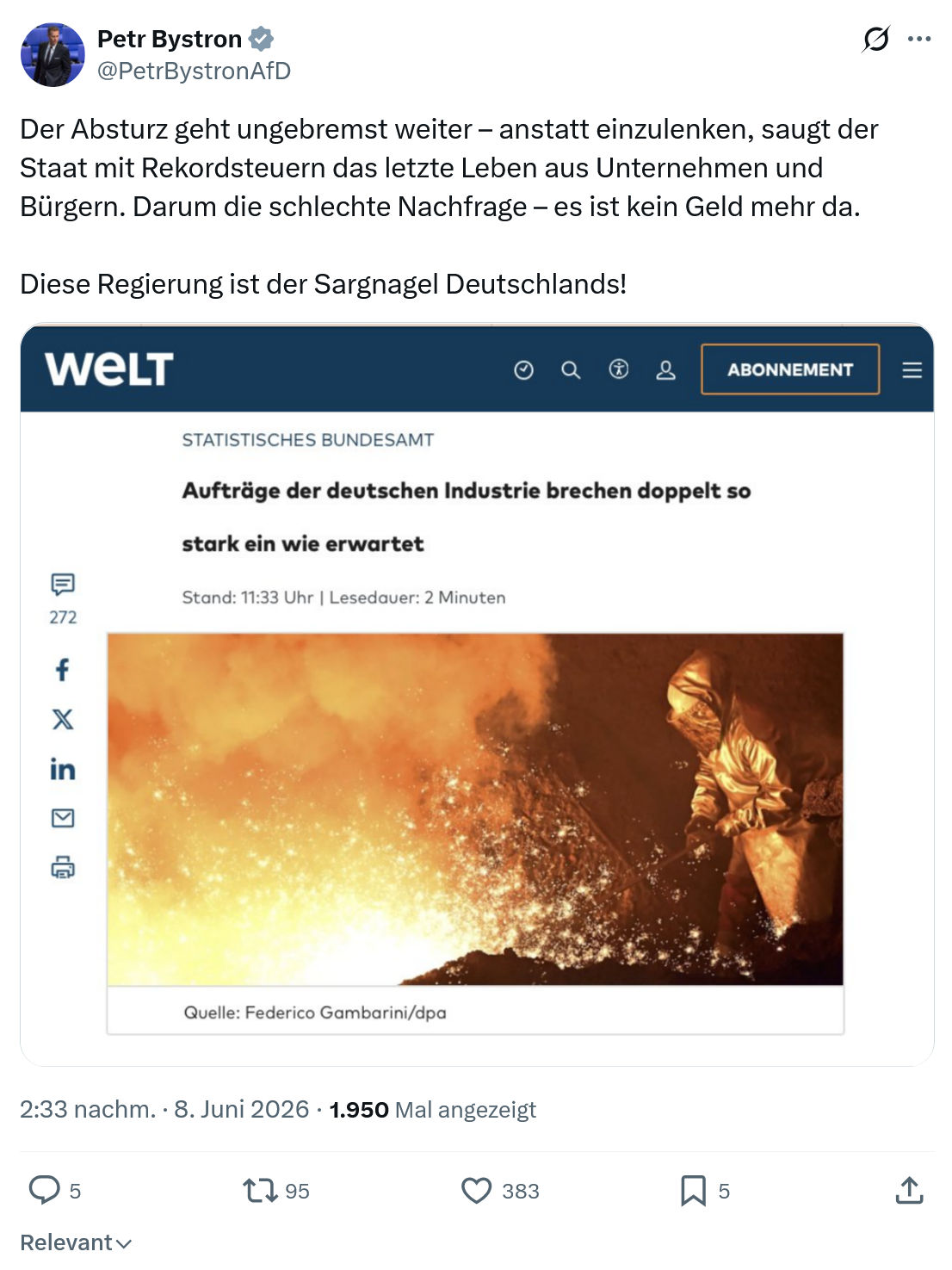 Petr Bystron: Der Absturz geht ungebremst weiter…