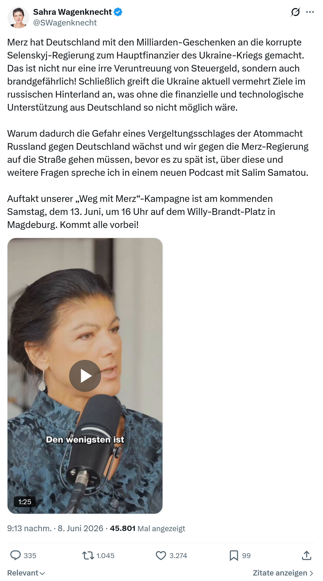 Sahra Wagenknecht: Merz hat Deutschland mit den Milliarden-Geschenken…