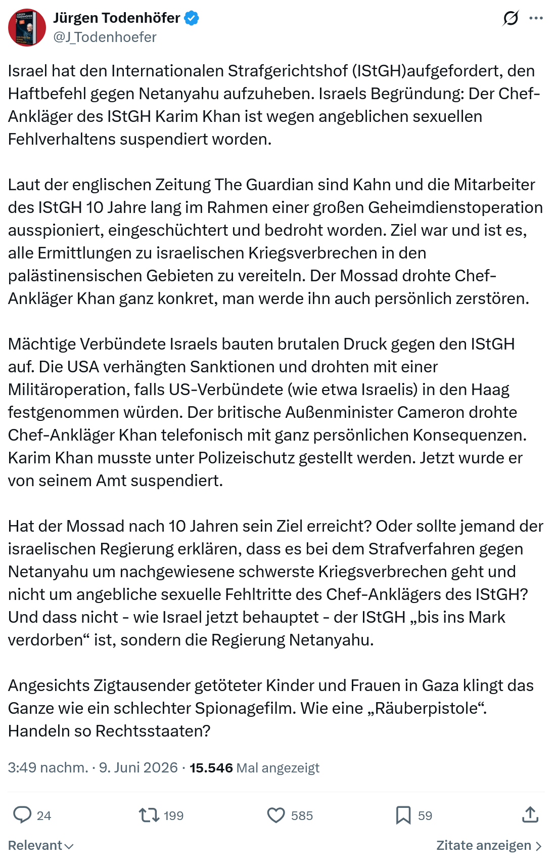 Jürgen Todenhöfer: Israel hat den Internationalen Strafgerichtshof…