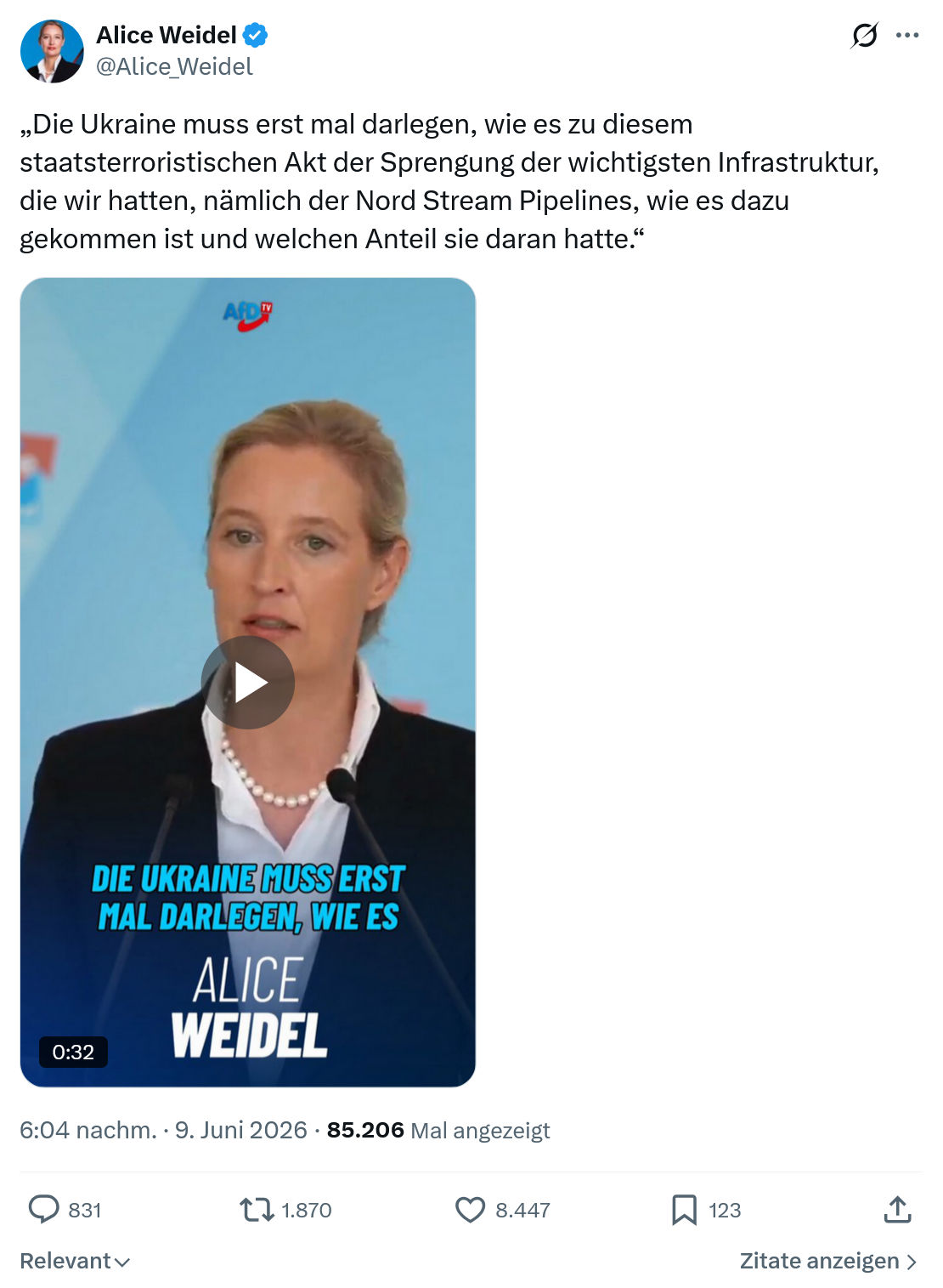 Alice Weidel: Die Ukraine muss erst mal darlegen…