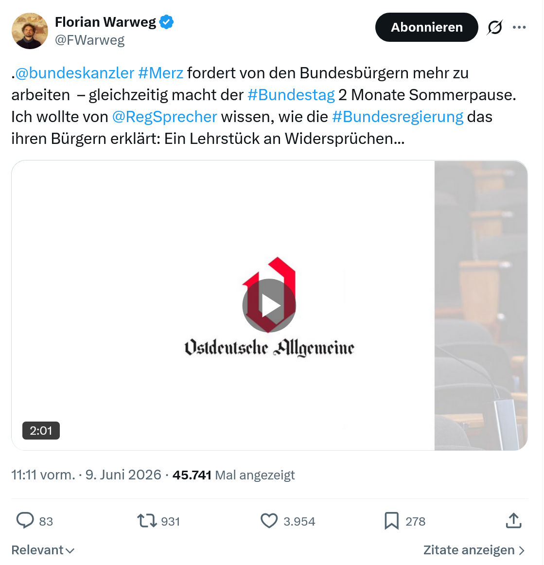 Florian Warweg: .@bundeskanzler  #Merz fordert von den Bundesbürgern…