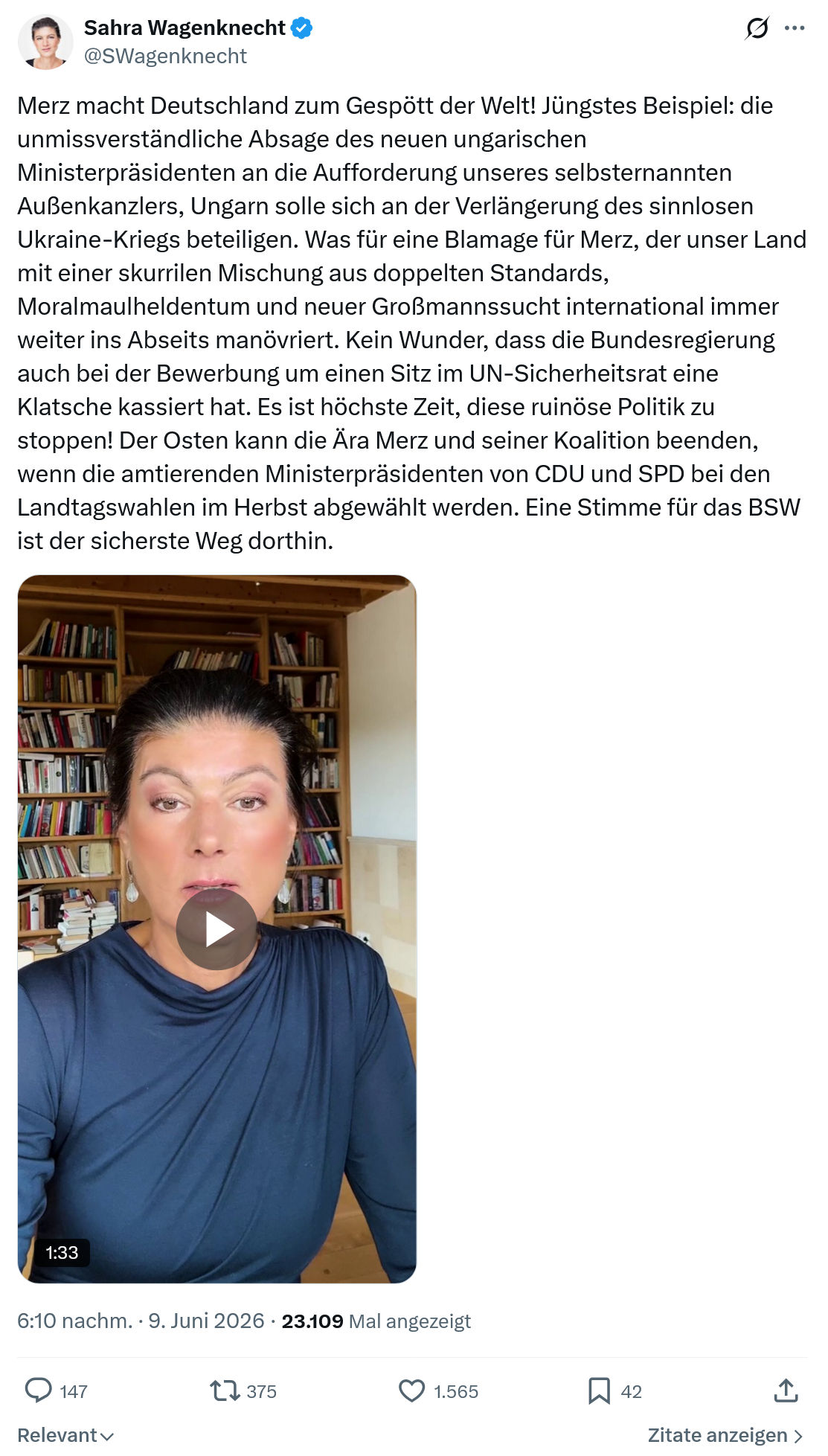 Sahra Wagenknecht: Merz macht Deutschland zum Gespött…