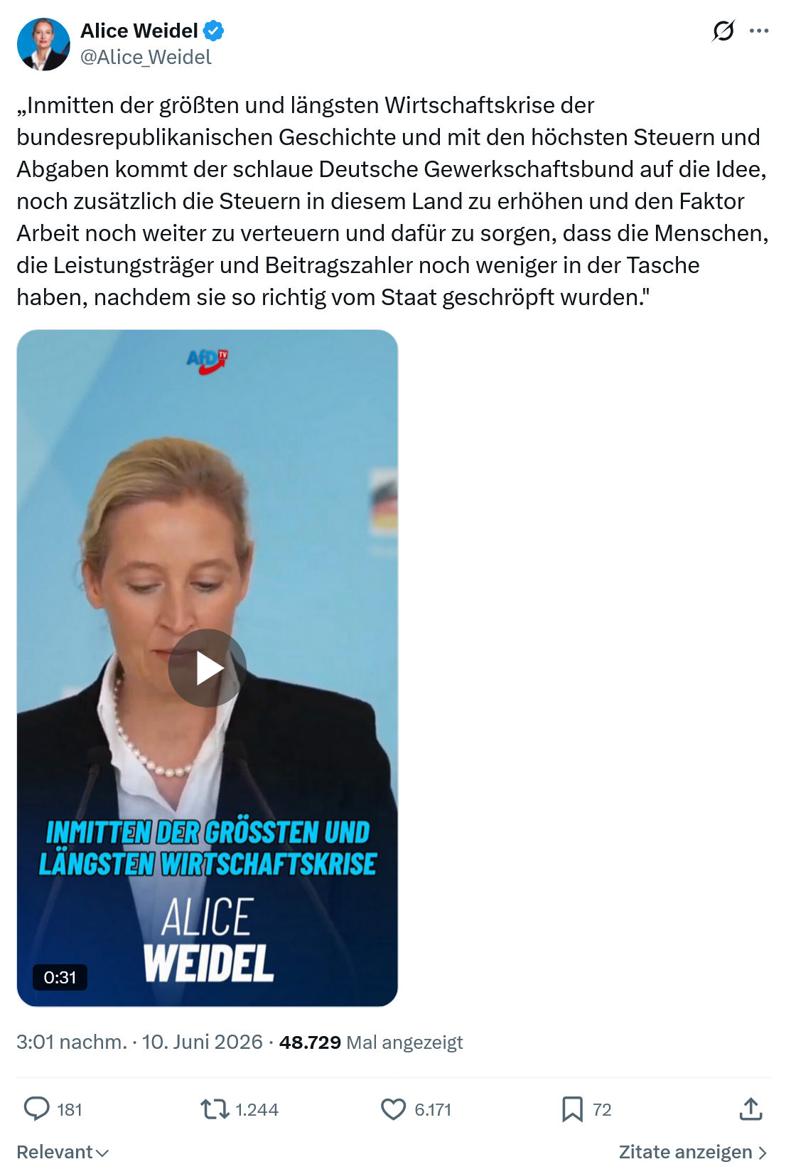 Alice Weidel: Inmitten der größten und längsten Wirtschaftskrise…