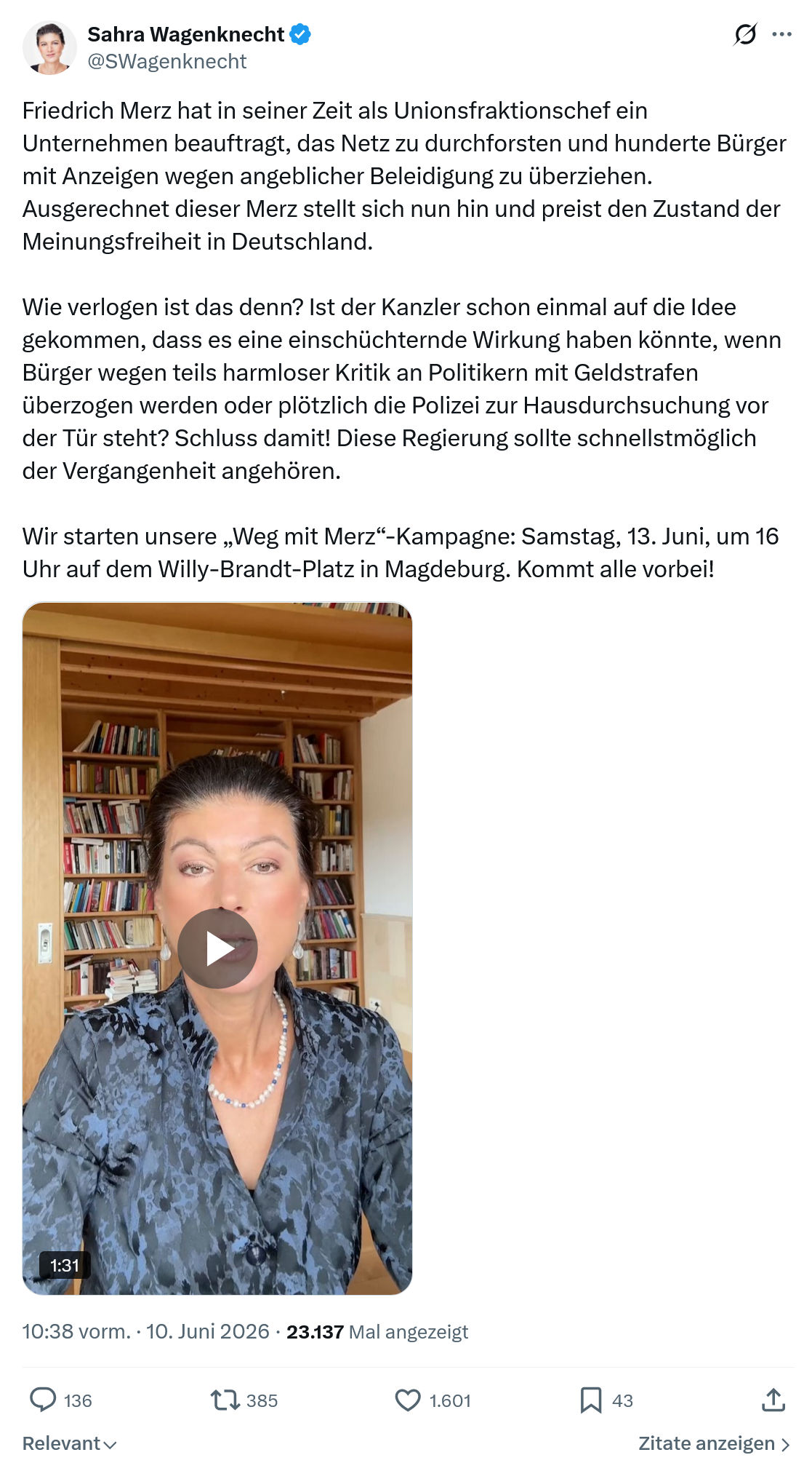 Sahra Wagenknecht: Friedrich Merz hat in seiner Zeit…