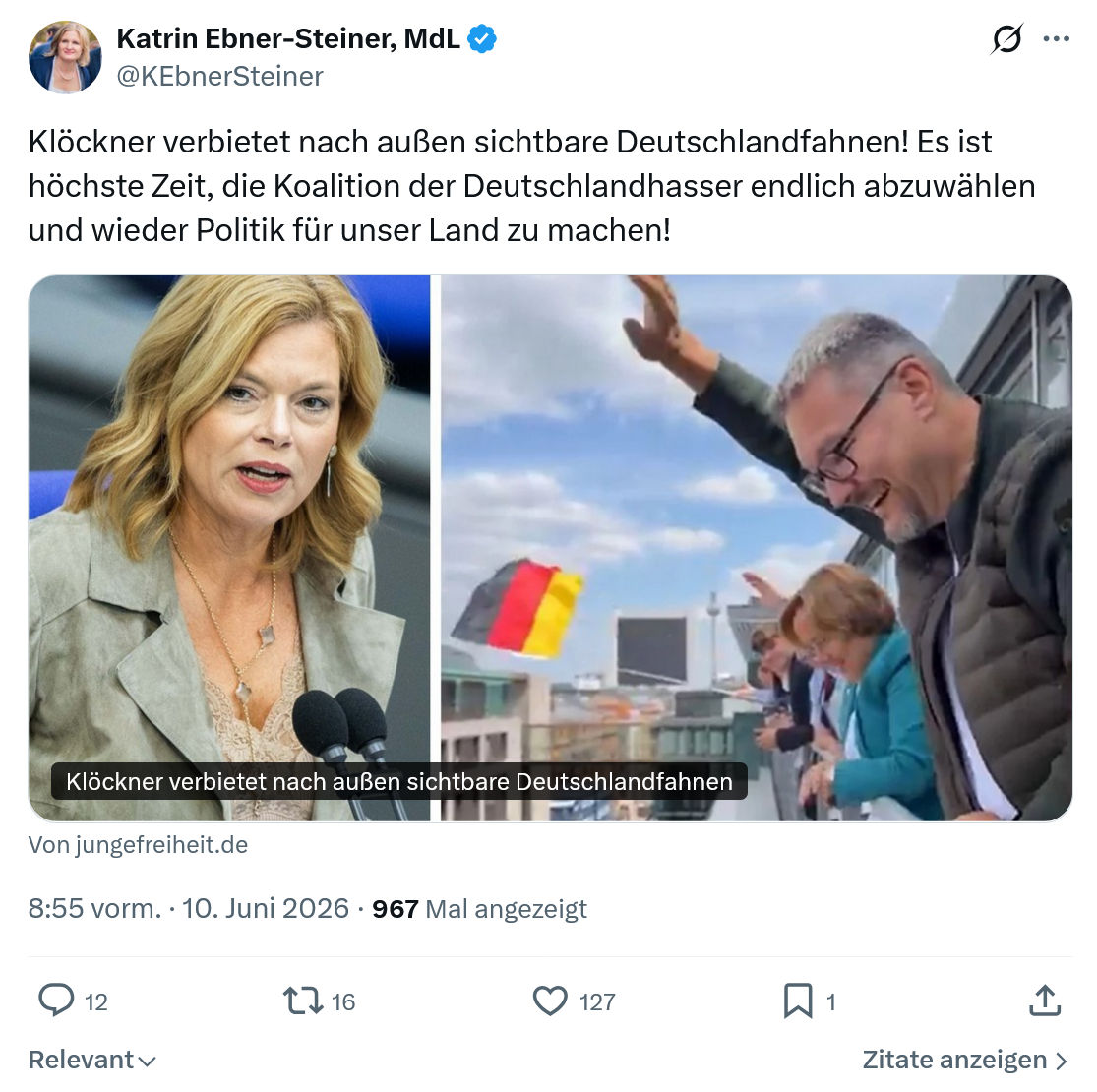 Katrin Ebner-Steiner: Klöckner verbietet nach außen sichtbare…