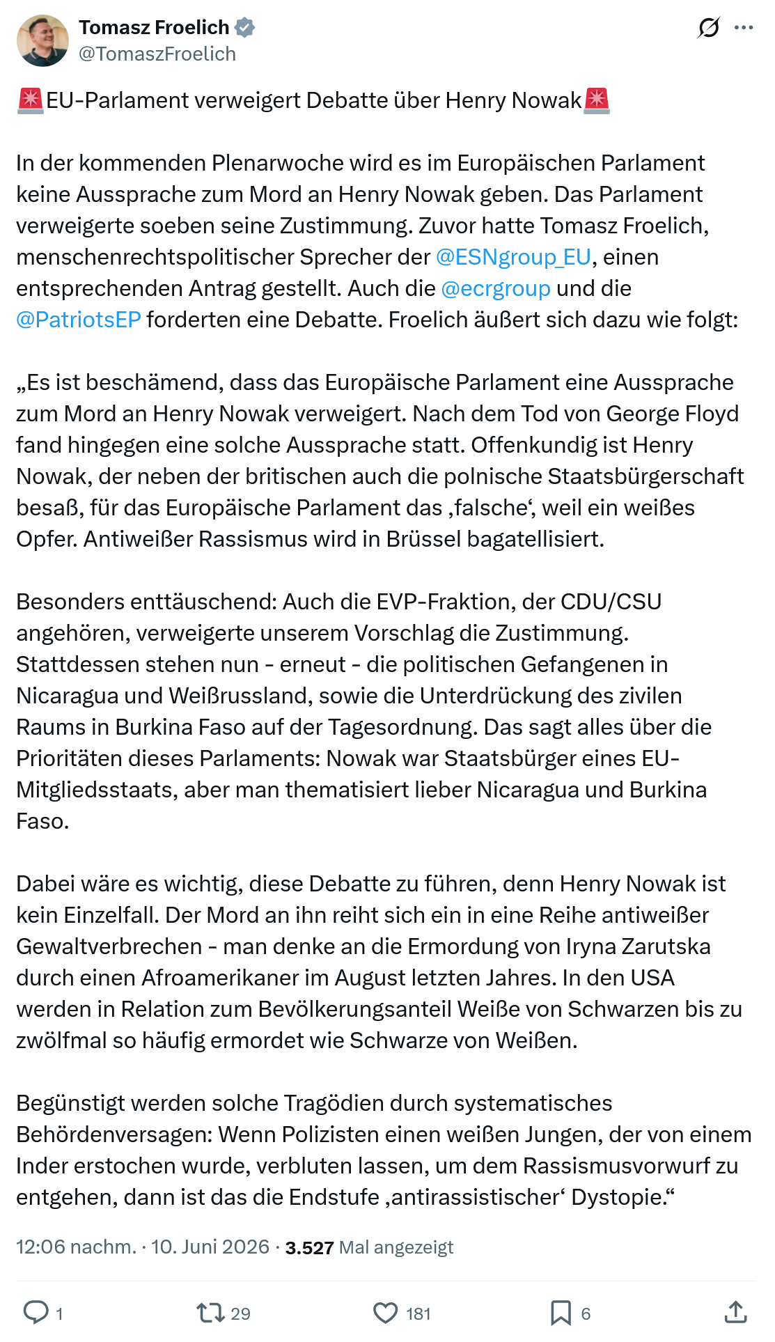 Tomasz Froelich: EU-Parlament verweigert Debatte…