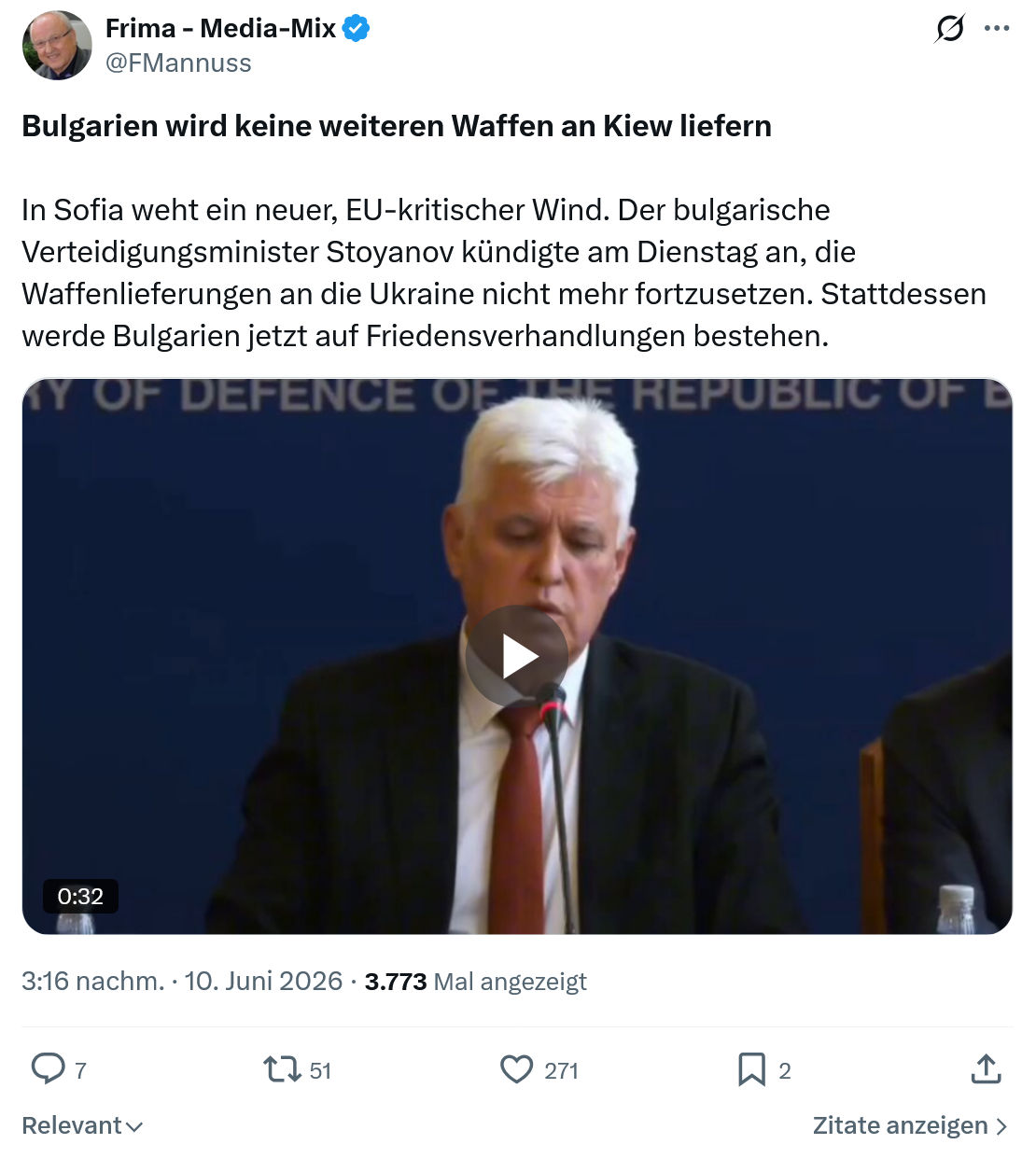 Friedrich Mannus: Bulgarien wird keine weiteren Waffen…