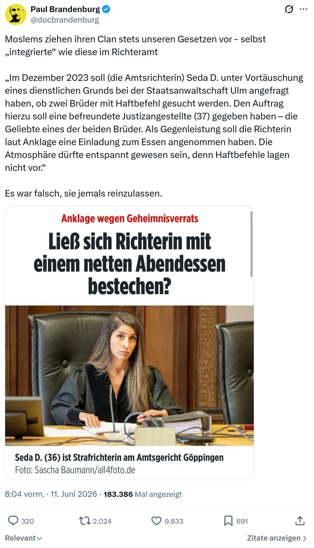 Paul Brandenburg: Moslems ziehen ihren Clan stets unseren…