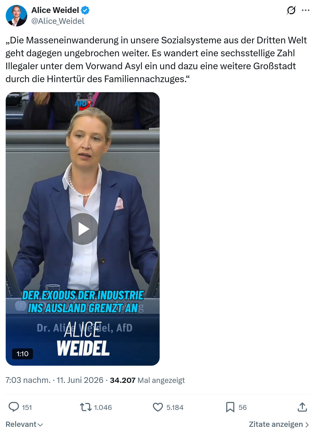 Alice Weidel: Die Masseneinwanderung in unsere Sozialsysteme…