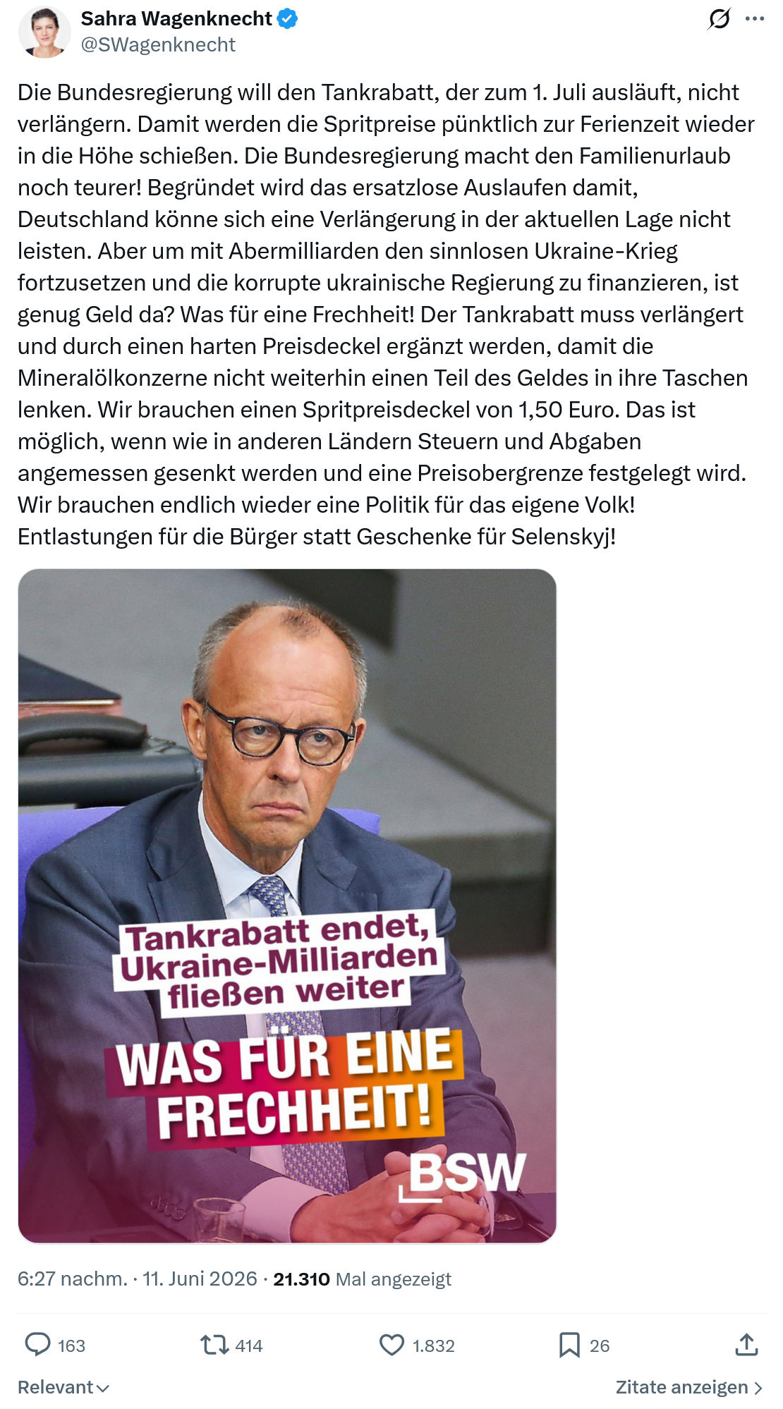 Sahra Wagenknecht: Die Bundesregierung will den Tankrabatt…
