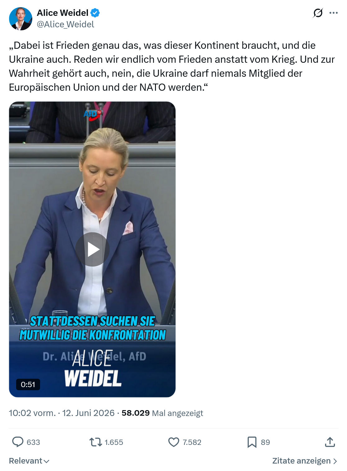 Alice Weidel: Dabei ist Frieden genau das…