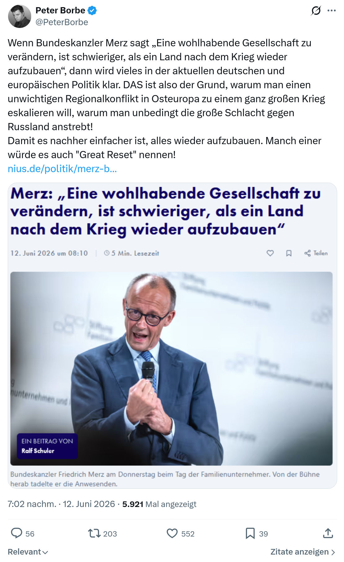 Peter Borbe: Wenn Bundeskanzler Merz sagt…