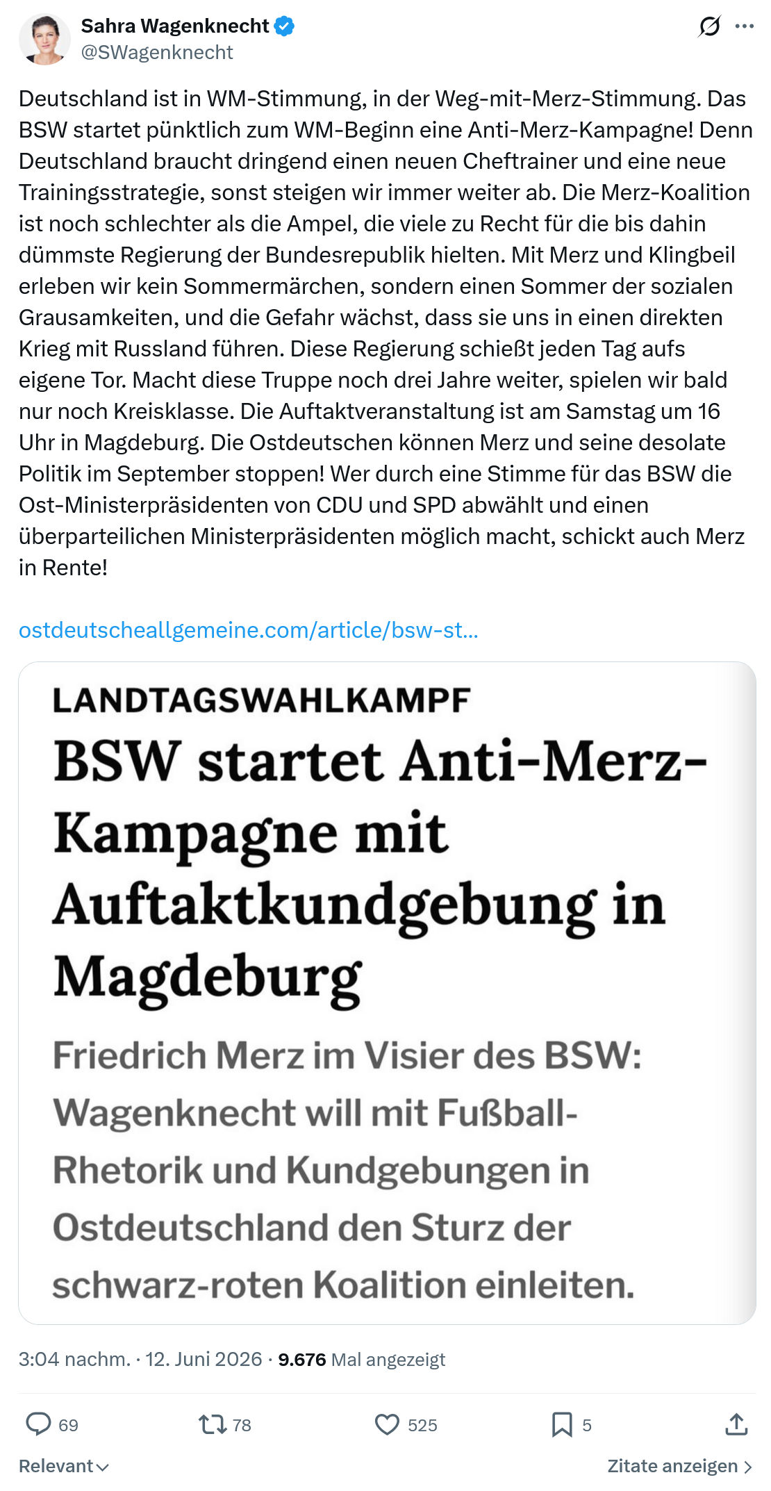 Sahra Wagenknecht: Deutschland ist in WM-Stimmung…