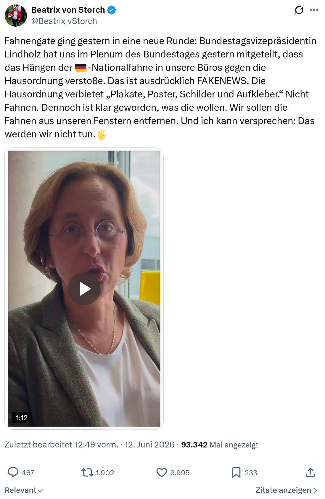 Beatrix von Storch: Fahnengate ging gestern…