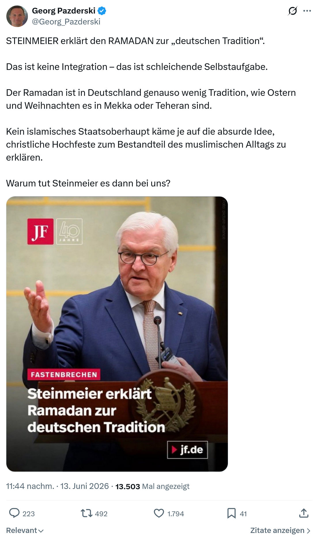 Georg Pazderski: STEINMEIER erklärt den RAMADAN…