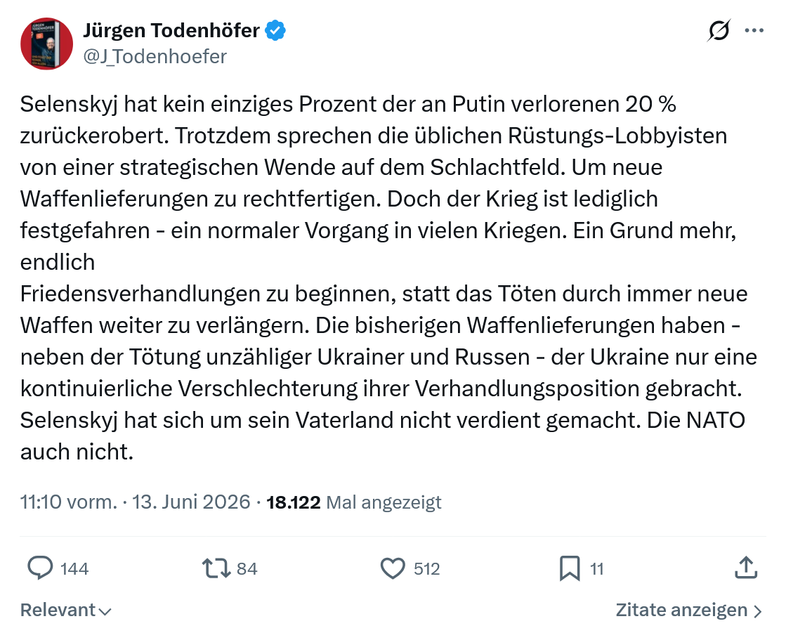 Jürgen Todenhöfer: Selenskyj hat kein einziges Prozent…