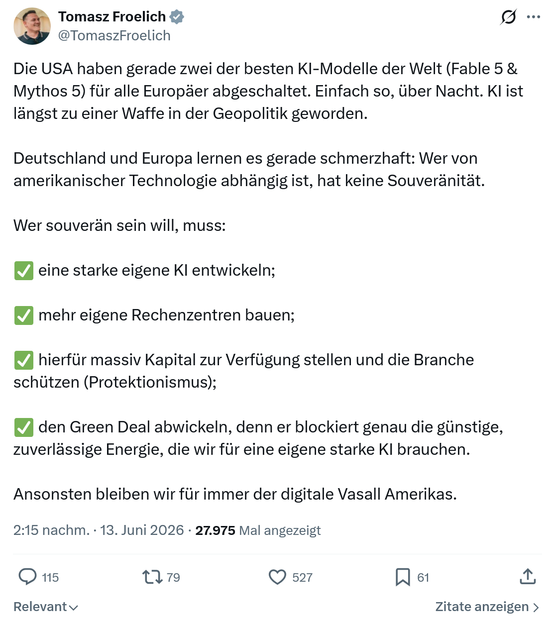 Tomasz Froelich: Die USA haben gerade zwei der besten…