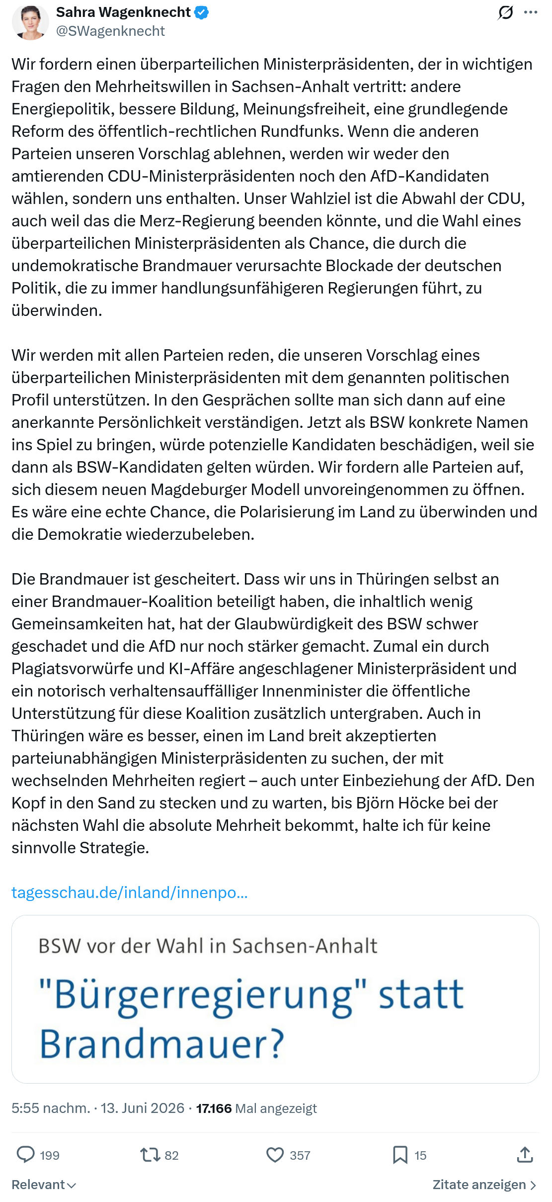 Sahra Wagenknecht: Wir fordern einen überparteilichen Ministerpräsidenten…