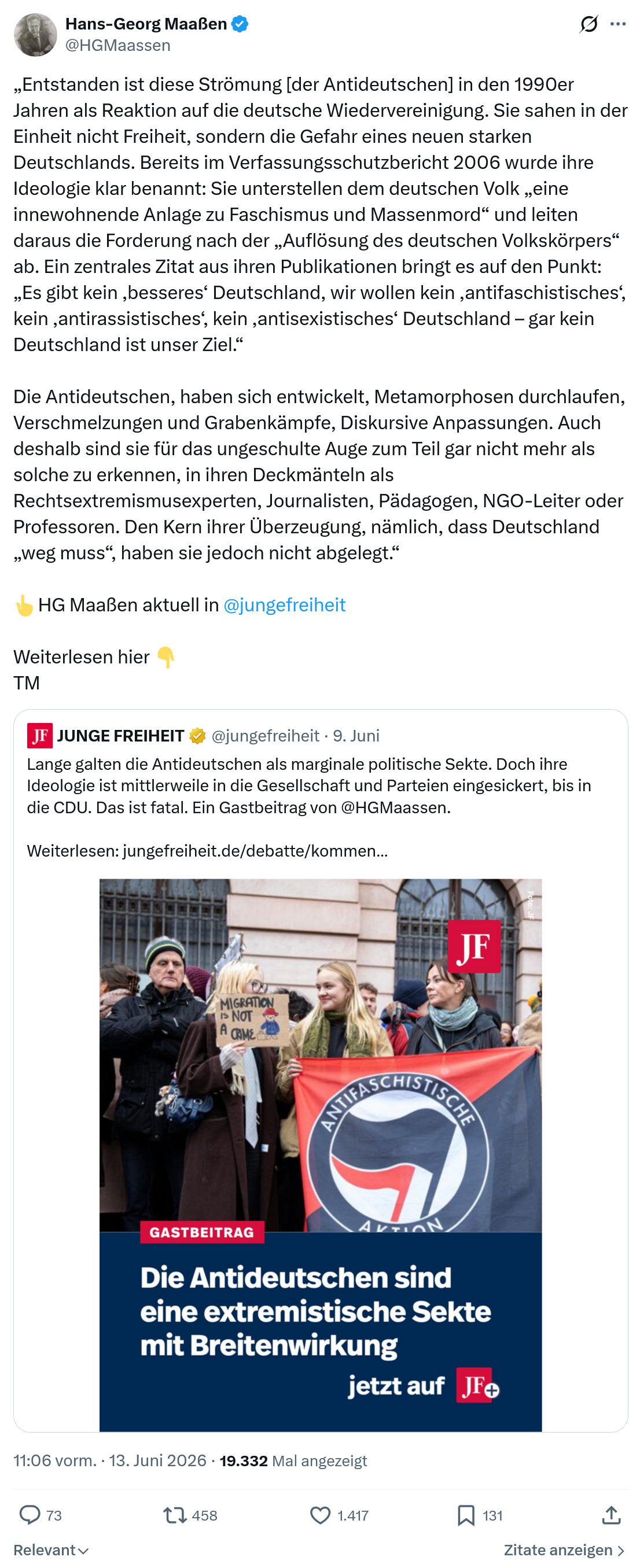 Hans-Georg Maaßen: Entstanden ist diese Strömung [der Antideutschen] in den 1990er…