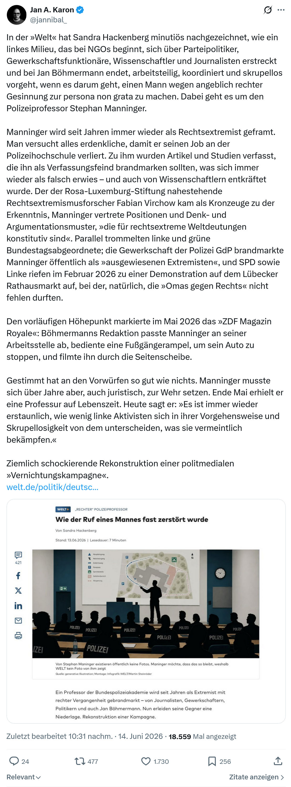 Jan A. Karon: In der »Welt« hat Sandra Hackenberg…