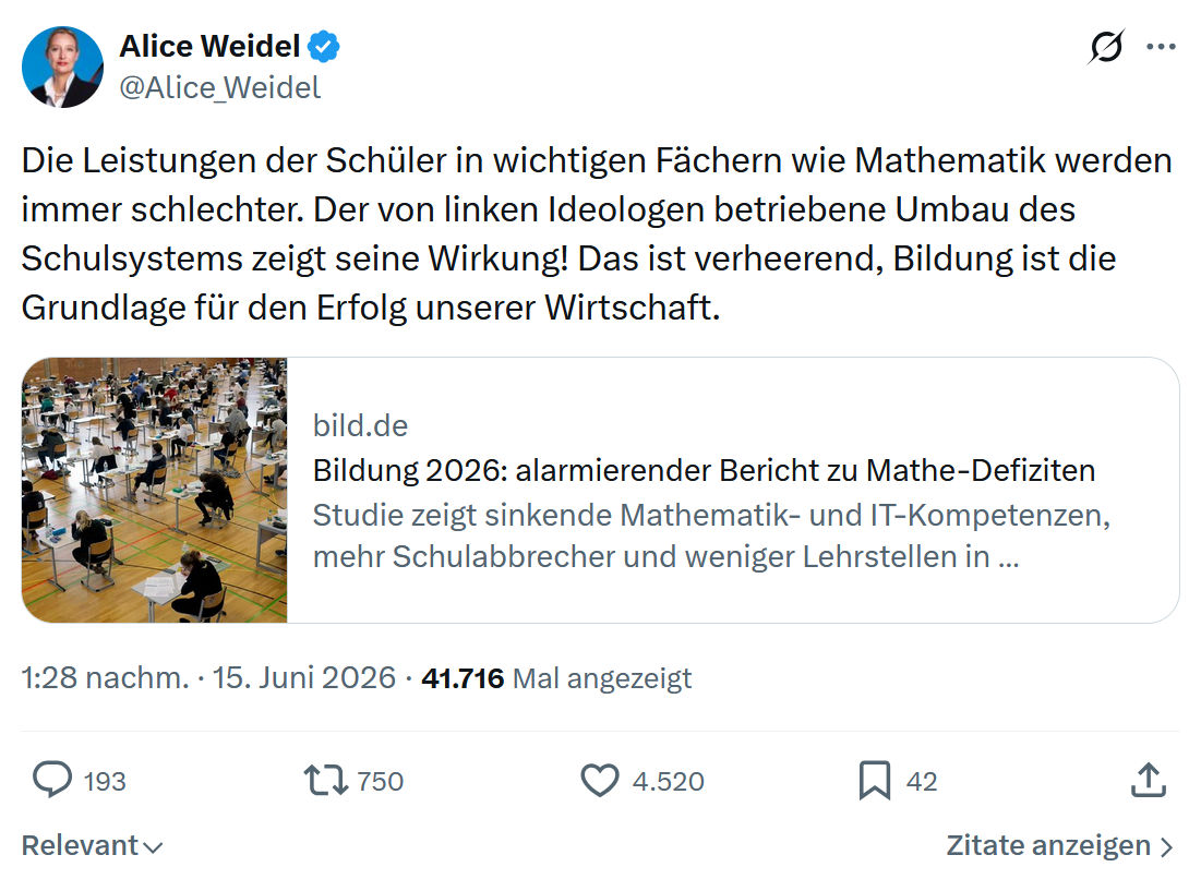 Alice Weidel: Die Leistungen der Schüler in wichtigen...