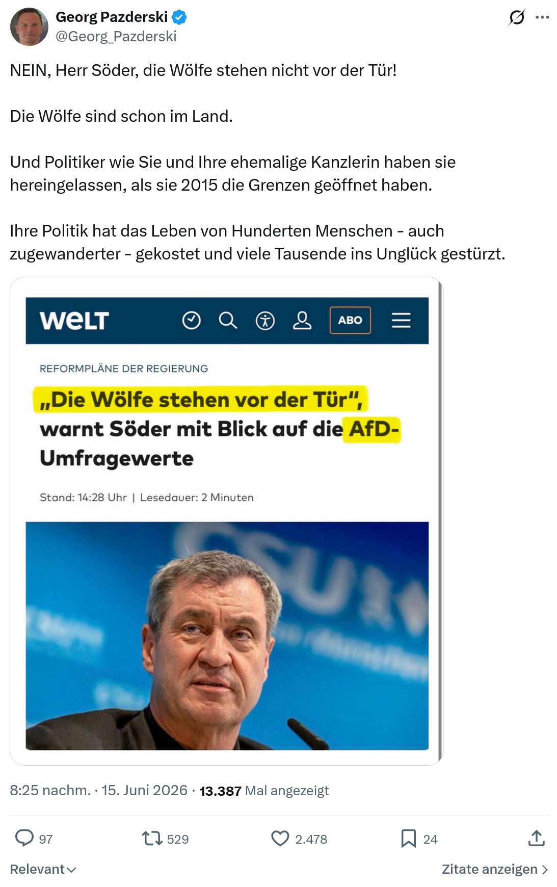 Georg Pazderski: NEIN, Herr Söder, die Wölfe stehen nicht...