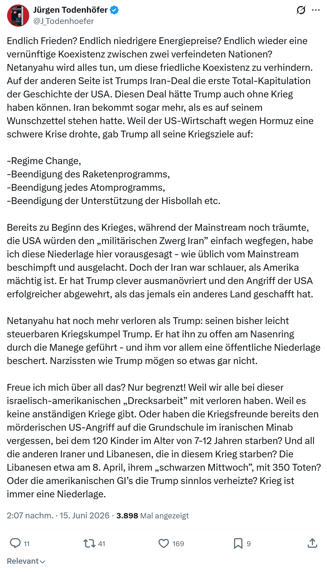 Jürgen Todenhöfer: -Regime Change, -Beendigung des Raketenprogramms...