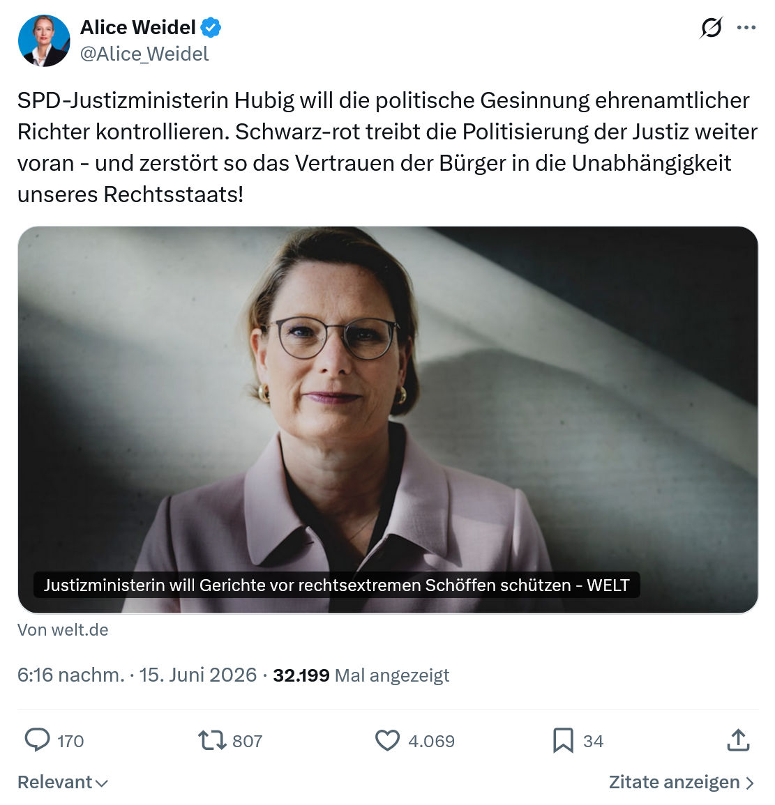 Alice Weidel: SPD-Justizministerin Hubig will die politische...