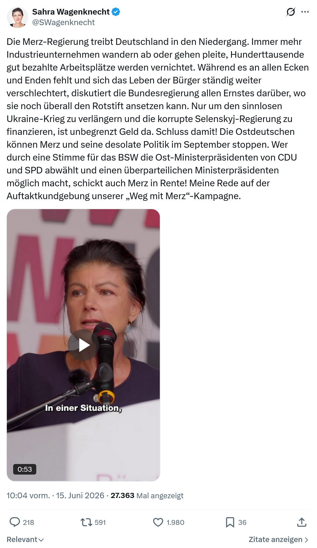 Sahra Wagenknecht: Die Merz-Regierung treibt Deutschland...
