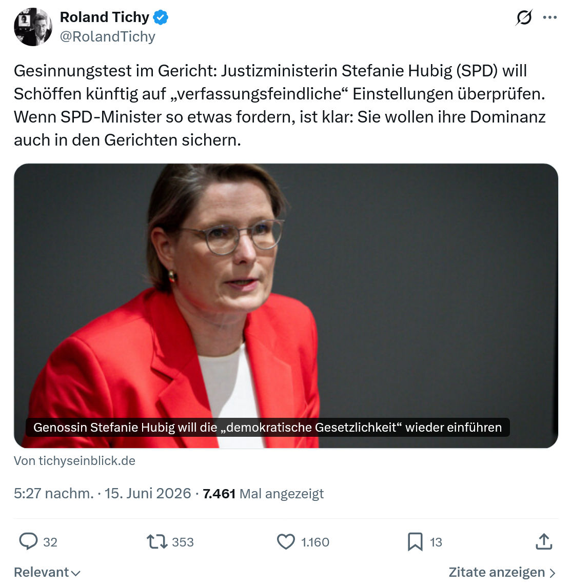 Roland Tichy: Gesinnungstest im Gericht: Justizministerin Stefanie Hubig...