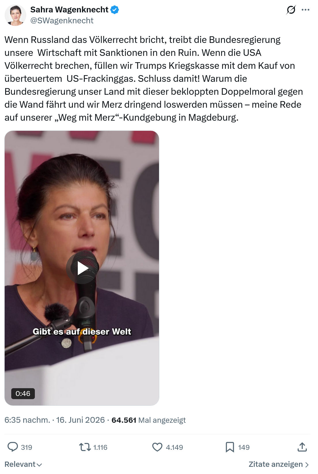 Sahra Wagenknecht: Wenn Russland das Völkerrecht bricht...