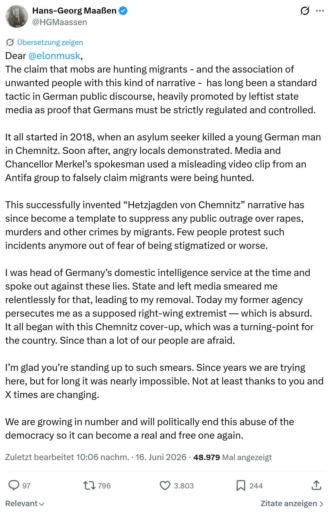 Hans-Georg Maaßen: Dear @elonmusk ,  The claim that mobs...