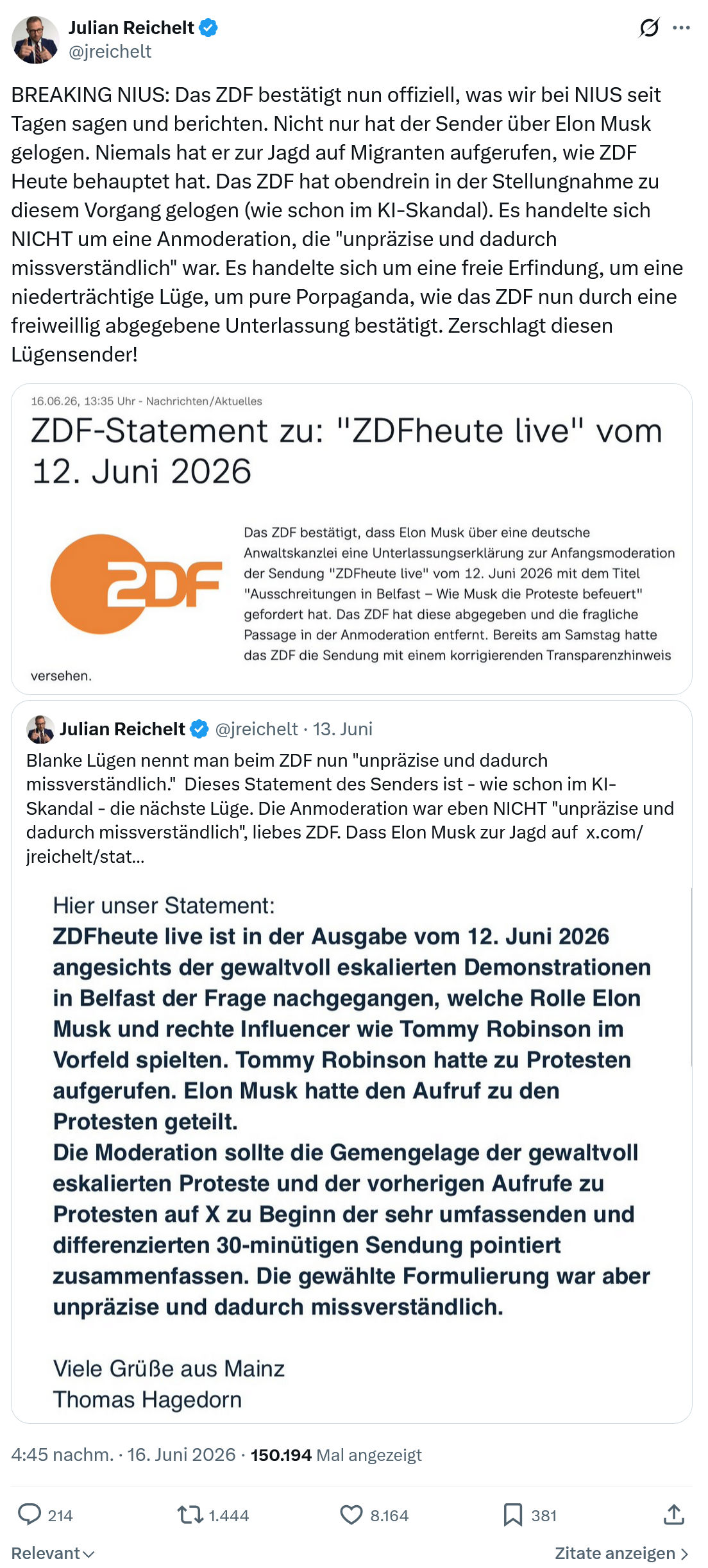 Julian Reichelt: BREAKING NIUS: Das ZDF bestätigt nun...